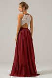 Eucalyptus A-Line Halter Pleated Keyhole Chiffon Bridesmaid Dress With Lace