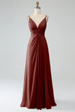 A-Line Pleated Spaghetti Straps Chiffon Bridesmaid Dress With Slit