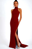 Sky Blue Satin High Neck Sheath Long Wedding Guest Dress with Slit