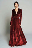Brown Velvet A Line Long Sleeves Pleated Holiday Party Dress