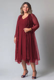 Purple V-neck Tea Length Mother of the Bride Dress with Sparkly Jacket