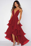 Red V-Neck A Line Long Chiffon Formal Dress with Ruffles