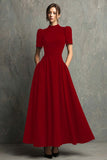 Black Short Sleeves High Neck A-Line Long Formal Dress with Pockets