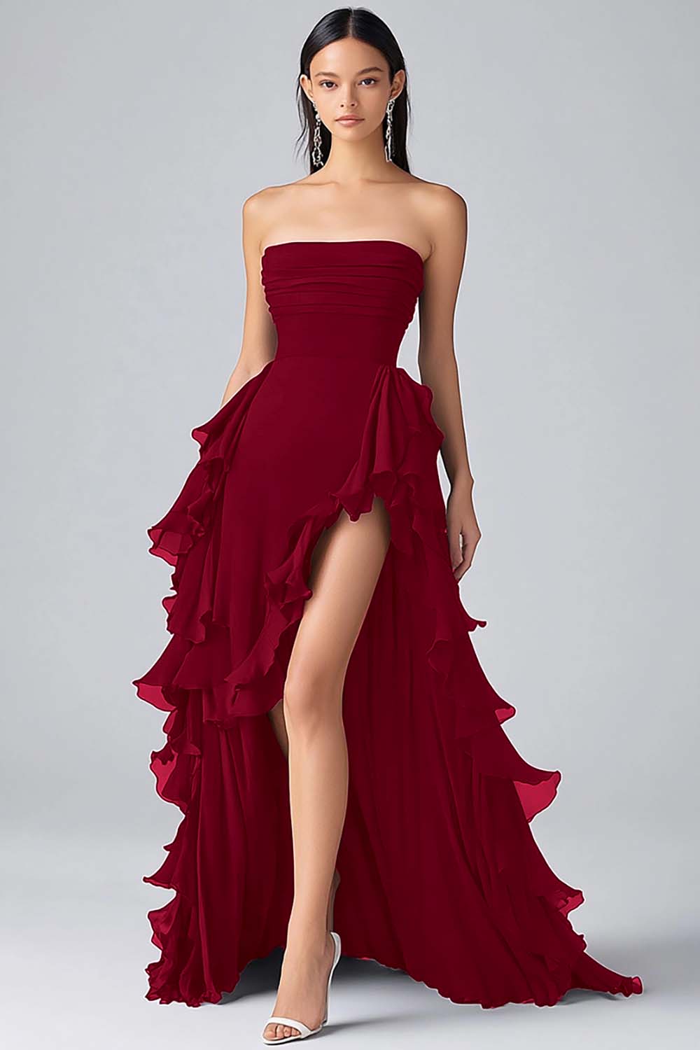 Leely Women Black Long Chiffon Formal Dress with Slit Strapless Ruffled Black Tie Dress leelyuk Leely Women Black Long Chiffon Formal Dress with Slit Strapless Ruffled Black Tie Dress leelyuk