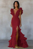 Yellow Chiffon V Neck Mermaid Ruffled Maxi Formal Dress with Slit