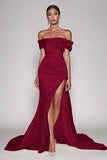 Elegant Dusty Blue Sheath Satin Off the Shoulder Maxi Prom Dress with Slit