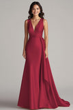 Elegant Maxi Champagne V-Neck Mermaid Satin Formal Dress