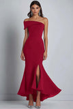 Navy Sheath Off the Shoulder Ruffled Maxi Formal Dress with Slit