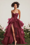 A Line Green Sweetheart Ruffled Maxi Formal Dress with Slit