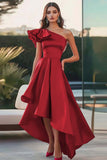 Fuchsia A Line Ruffled Satin Asymmetrical Formal Dress
