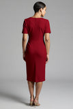 Champagne V-Neck Bodycon Midi Satin Work Dress with Sleeves