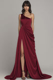 Satin Peacock A Line One Shoulder Ruched Long Formal Dress with Slit