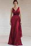 Sheath V-Neck Grey Blue Ruched Maxi Satin Formal Dress