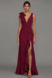 Dark Green Mermaid Ruffled V Neck Long Formal Dress with Slit