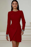 Short Ivory Pencil Pleated Round Neck Work Dress with Sleeves