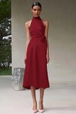 Pink Satin A Line Halter Tea Length Formal Dress