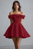 A Line Satin Off the Shoulder White Short Graduation Dress with Ruffles