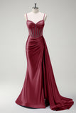 Royal Blue Spaghetti Straps Corset Mermaid Satin Prom Dress with Side Cape