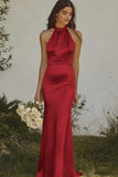 Elegant Light Yellow Sheath Halter Maxi Satin Bridesmaid Dress