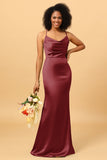 Silver Cowl Neck Satin Long Bridesmaid Dress With Side Slit