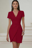 Ivory V-Neck Pleated Short Pencil Work Dress with Sleeves