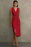Dusty Rose V-Neck Sheath Tea Length Semi Formal Dress with Sash