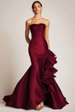 Strapless Satin Mermaid Long Black Tie Dress with Ruffles