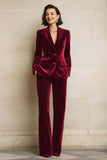 Plum 2 Piece Peak Lapel Velvet Long Prom Suits with Pockets