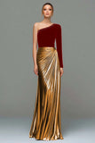 Metallic Red and Gold One Shoulder Mermaid Velvet Long Holiday Party Dress