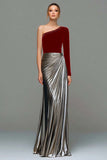 Metallic Black and Grey One Shoulder Velvet Long Holiday Party Dress