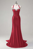 Dark Green Corset Beaded Satin Mermaid Sweep Train Prom Dress
