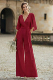 Ivory V-Neck Half Sleeves Wedding Jumpsuits with Pockets