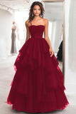Black Ball Gown Tulle Tiered Strapless A Line Prom Dress