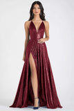 Sparkly Navy A Line Sequined V-Neck Maxi Prom Dress with Slit