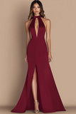 Simple Halter Satin Keyhole Mermaid Long Black Tie Dress with Slit
