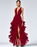 A Line Plum Sleeveless V-Neck Tiered Long Formal Dress with Slit