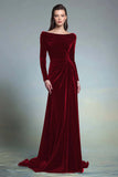 Elegant Plum Velvet Bateau Neck Long Formal Dress with Sleeves