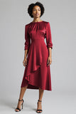 Royal Blue A Line Satin Midi Work Dress with Sleeves