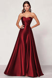 Dark Green A Line Satin Strapless Maxi Prom Dress