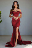 Dusty Rose Off the Shoulder Mermaid Elegant Maxi Prom Dress with Slit