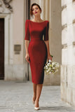 Ivory Satin Bodycon Boat Neck Midi Wedding Dress with Sleeves