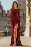Caramel Velvet Ruffled Mermaid Long Holiday Party Dress with Slit
