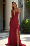 Champagne Spaghetti Straps Applique Sheath Prom Dress with Slit