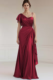 Grey Blue Sheath Satin Asymmetrical Neck Long Formal Dress with Ruffles