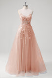 Blue Corset Applique Beaded A-Line Prom Dress with Slit