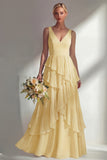 Sea Glass V Neck Ruffled Sleeveless Long Bridesmaid Dress