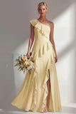 Light Pink One Shoulder Ruffled Long Bridesmaid Dress with Slit