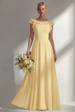 A Line Round Neck Ruffled Dusty Blue Long Bridesmaid Dress