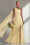 Burgundy One Shoulder Backless Ruched Long Bridesmaid Dress with Slit