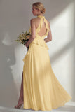 Butter Yellow Ruffled Halter Neck A Line Long Bridesmaid Dress with Slit